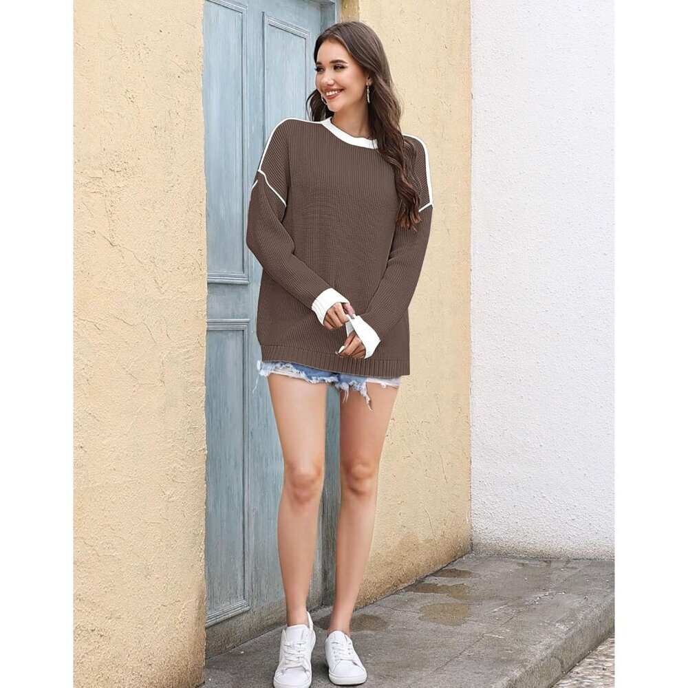 Women's Pure Coffee Oversized Winter Clothes Batwing Long Sleeve Knit Sweater - Picture 5 of 5